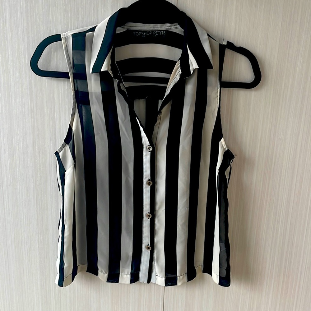 Women’s petite pin black and off white striped sleeveless shirt. TopShop!